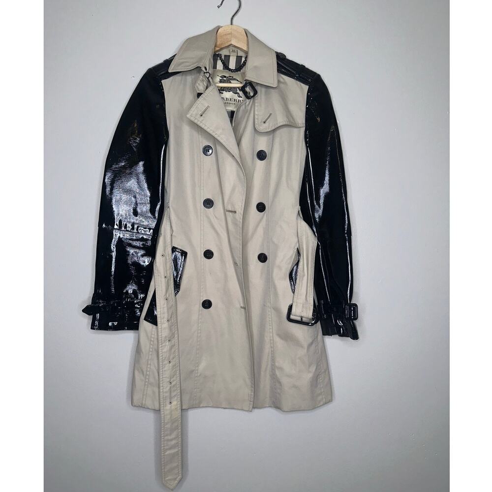 Burberry Patent Leather Sleeve Gabardine Trench Coat Black Tan US 4 - Picture 3 of 12